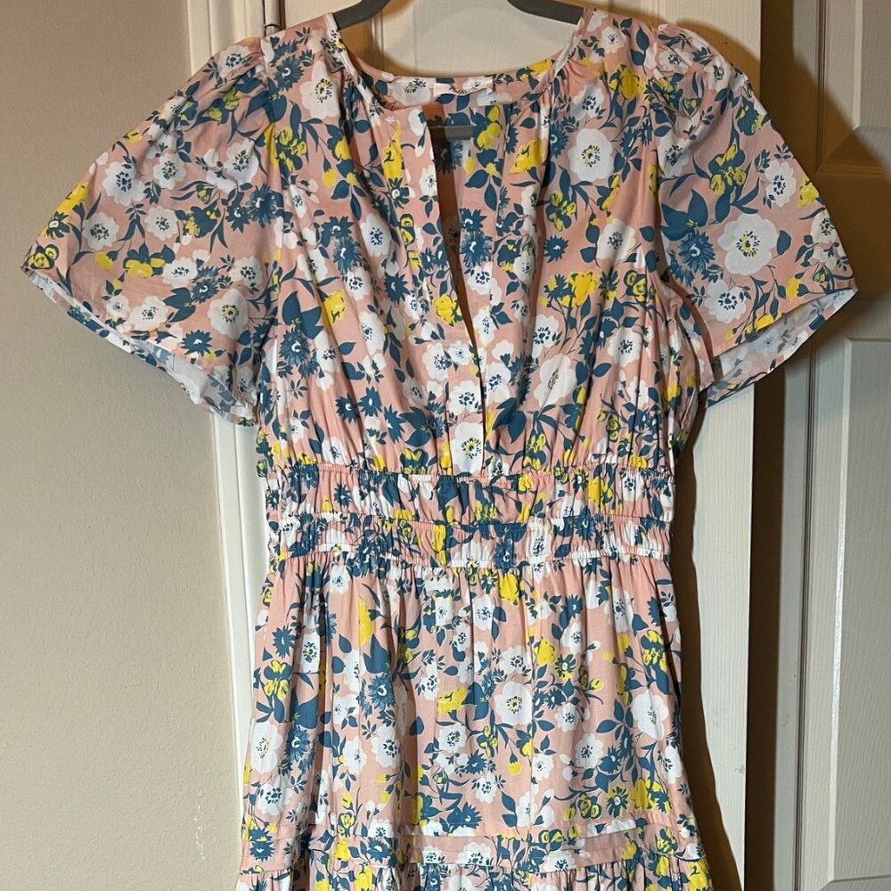 Women's Floral Tiered Midi Dress Pink Blue Yellow Smocked Waist - Large